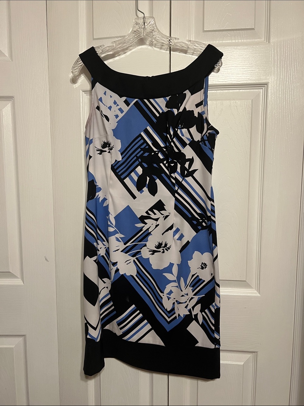 Dress Barn Black, Blue & White Print Midi Dress
